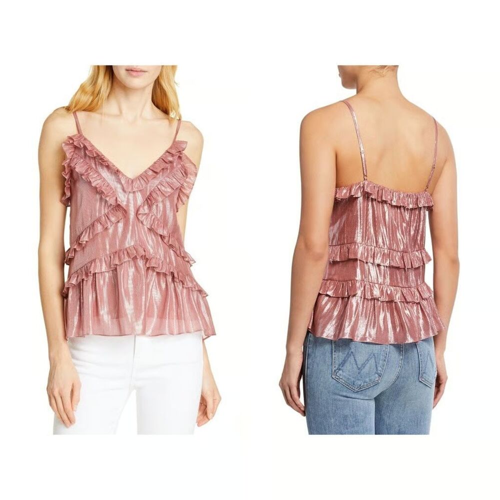 Rebecca Taylor Metallic Lurex Cami Ruffle Blouse Size Large NEW Rose Gold